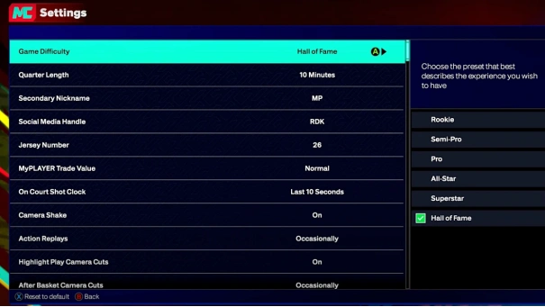 NBA 2K25 MyCareer Game Difficulty